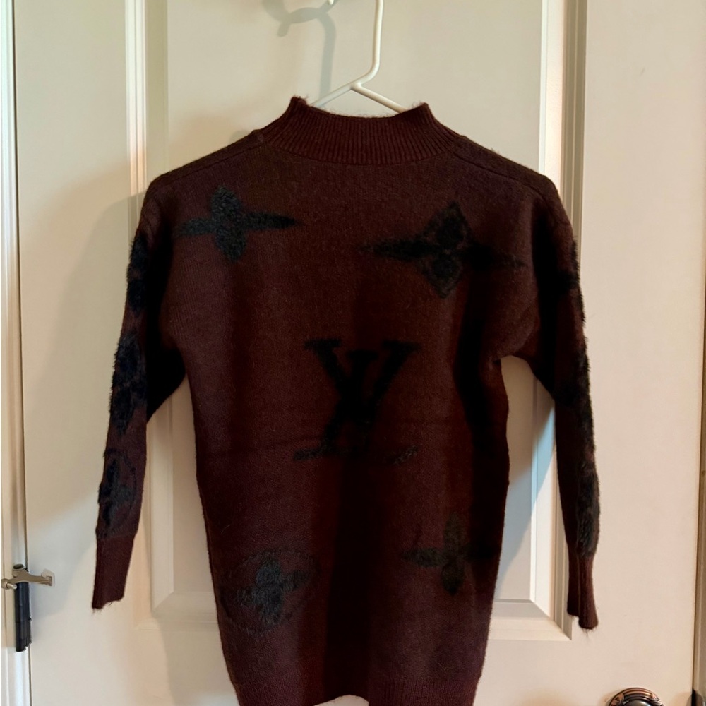 Burgundy Sweater with Black LV Pattern